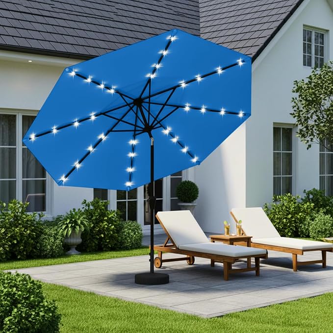 9' Solar LED Patio Umbrella with Tilt & Crank|8 Sturdy Ribs,UV Protection,Outdoor Market Table Umbrella for Deck,Lawn,Pool,Backyard(Royal blue)
