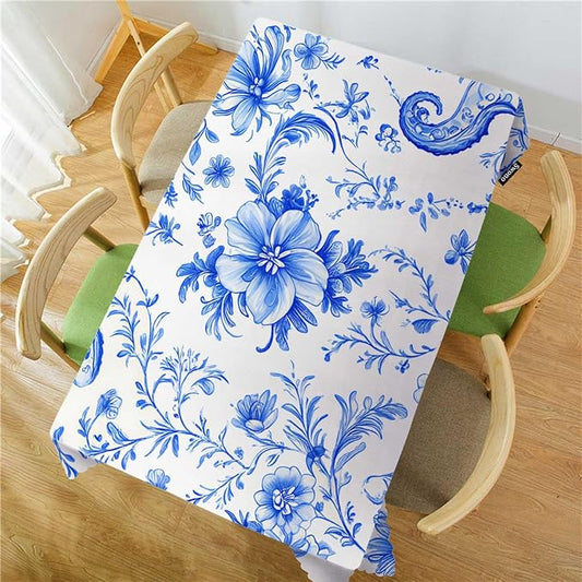 Swono Paisley Floral Blue Tablecloth Ethnic Batik Mandala Blue Decorative Table Cover Dining Tablecltoh for Kitchen, Party Banquet and Holiday Tablecloth, 52x70 Inch(4-6 Seats)