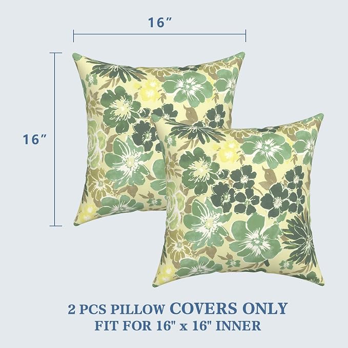 LVTXIII 2 Pack Outdoor Throw Pillow Covers for Patio Furniture, 16x16 Inch Square Pillow Case, Water-Repellent Cushion Covers for Garden, Porch, Sofa, Green Rose
