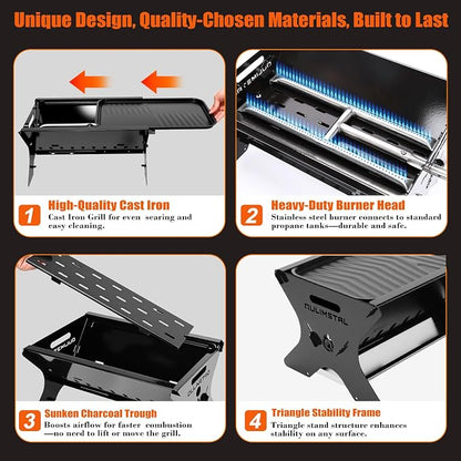 3-in-1 Portable Camping Grill, Foldable Charcoal Wood Gas BBQ & Fire Pit with Pull-Out Removable Griddle Plate & Carry Bag, for Backpacking Tailgating Patio Outdoor Cooking