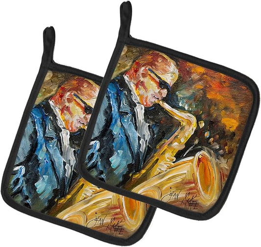 Caroline's Treasures JMK1277PTHD Jazz Sazophone Pair of Pot Holders Kitchen Heat Resistant Pot Holders Sets Oven Hot Pads for Cooking Baking BBQ, 7 1/2 x 7 1/2