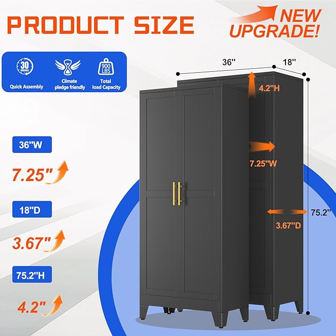 GAIOUS 75'' Tall Metal Garage Storage Cabinet,File Cabinet with 2 Doors and 5 Adjustable Shelves, Outdoor Steel Tool Cabinet for Home,Office,Warehouse,Garage,Black