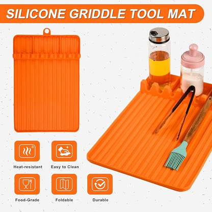 Silicone Griddle Tool Mat, Griddle Accessories, Side Shelf Spatula Mat with Drip Pad, BBQ Tool Holder, Utensil Rest for Kitchen Counter, Blackstone Large Silicone Caddy, Blackstone Organizer (Orange)