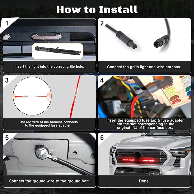LED Grill Lights - 4PCS Front Grill Lights for Toyota Tacoma SR SR5 2024 2025 2026 with Fuse Adapter & Harness (Red Light with Smoked Shell)