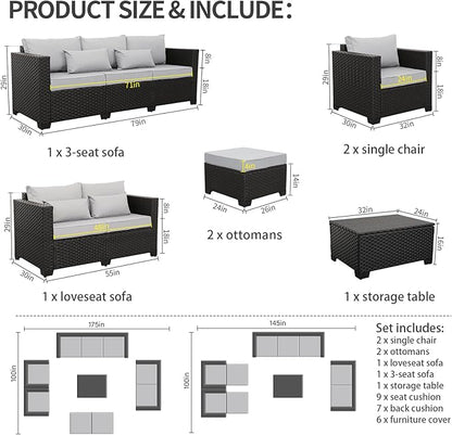Rattaner Patio Furniture Sets 7 Pieces Outdoor Furniture Sectional Patio Couches Set with Storage Table Light Grey Cushions