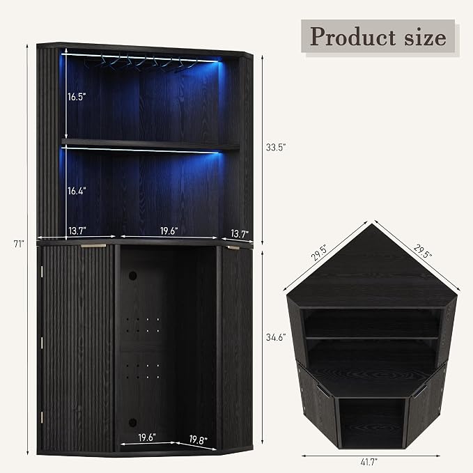 kepptory 71" Extra Large Triangle Corner Bar Cabinet with Mini Fridge Space | Full RGB LED Liquor Cabinet with Wine Glass Rack, Oversized Fluted Storage Buffet for Living Room Kitchen