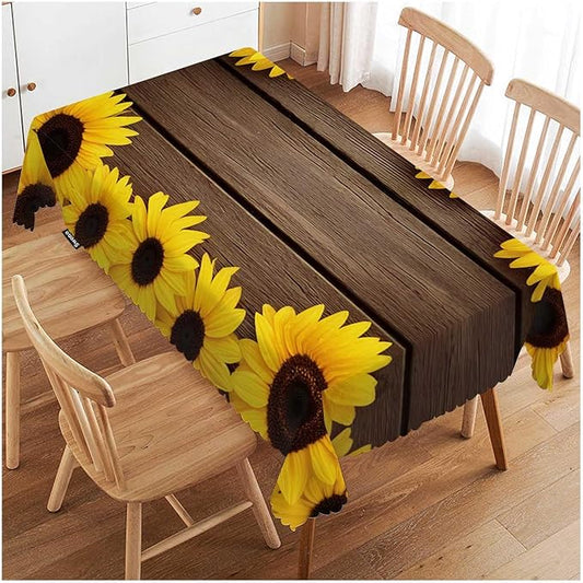 Swono Tablecloth 52"X70" Sunflowers, Garden Sunflowers Wooden Board Rectangle Table Cover Anti-Oil Tablecloth for Dining Tables, Parties, Wedding and Banquet Decoration