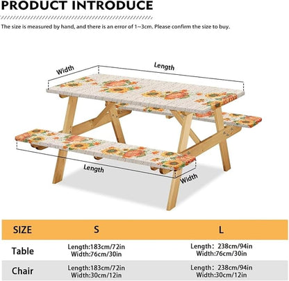 Fall Picnic Table Cover for Outdoor Camping Thanksgiving Pumpkin Sunflower Stripes Elastic Fitted Table Cloth for Camping Party Supplies 3 PCS Set