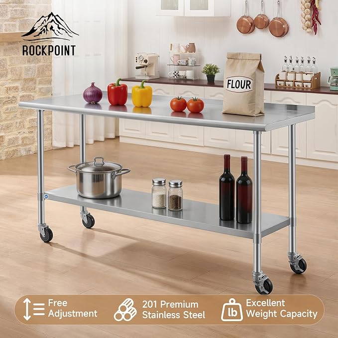 ROCKPOINT All Stainless Steel Prep Table with Caster & Backsplash 24x72 Inch，Commercial Heavy Duty Workbench with Stainless Legs & Adjustable Undershelf,890 lb Capacity for Outdoor Kitchens with Wheel