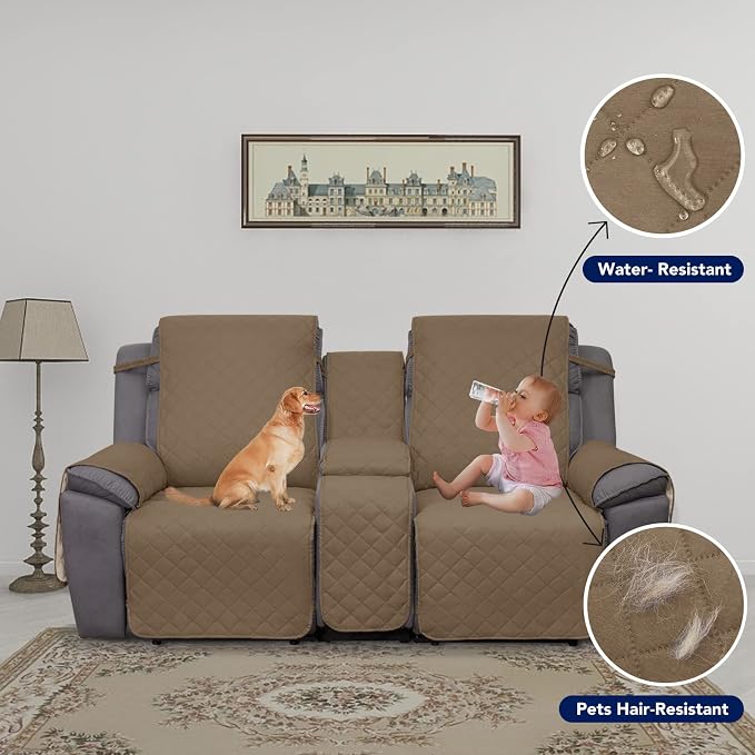 PureFit Water Resistant Reversible Loveseat Recliner Cover for Double | Double with Console, Non Slip Split Sofa Cover, Washable Reclining Cover, Camel/Ivory