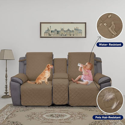 PureFit Water Resistant Reversible Loveseat Recliner Cover for Double | Double with Console, Non Slip Split Sofa Cover, Washable Reclining Cover, Camel/Ivory