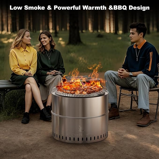 OutVue 19 inch Stainless Steel Smokeless Fire Pit with Grill, Outdoor Smokeless Firepit, Wood Burning Fire Pits for Camping, Bonfire, Low Smoke Firepit for Outside (Vertical Hole)