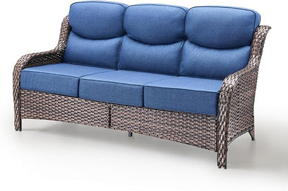 Luxury Patio Sofa 3-Seat Wicker Couch with 6" Thick Cushion - Outdoor Furniture Rattan Sofa with Deep Seating High Back Outdoor Sofa for Patio Garden Balcony Sunroom Backyard, Brown | Blue