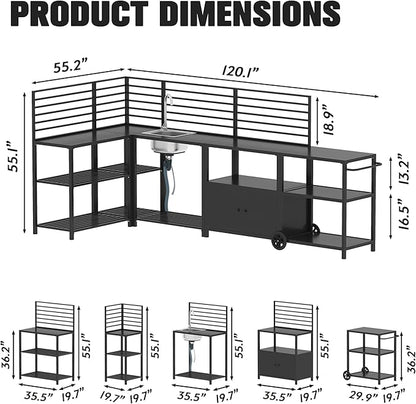 Vikiullf Aluminum Modular Outdoor Kitchen Island with Stainless Steel Sink, Movable Cart and Storage Cabinet, for Backyard BBQ, Porch Party (Black Corner)