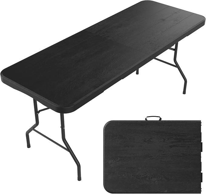 6 Ft Plastic Folding Table,Heavy Duty Portable Table for Indoor & Outdoor,Wood Grain Desktop & 350lbs Weight Capacity,Premium Solutions for Camping,Picnic,BBQ and Party