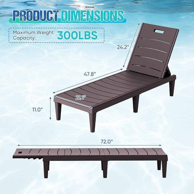 Greesum Outdoor Chaise Lounge Chair Set of 2, Waterproof 5-Position Adjustable PP Sun Loungers for Patio, Poolside, and Beach Sunbathing, Brown