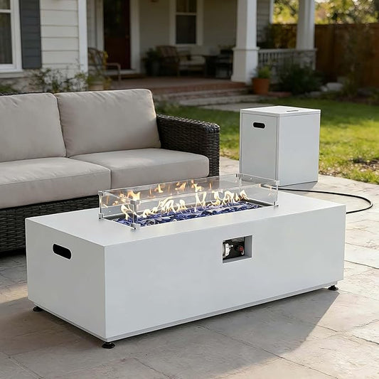 42 Inch Gas Fire Pit Table, 55,000 BTU Propane Fire Pits for Outside with Aluminum Lid and Waterproof Cover, 2 in 1 Firepit Table