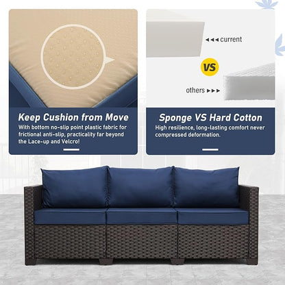 Rattan Star Patio Furniture Outdoor Couch 3 Seater Sofa Outdoor Brown Wicker Sofa Deep Seat High Backrest Patio Couch with Non-Slip Cushions and Waterproof Cover, Navy Blue
