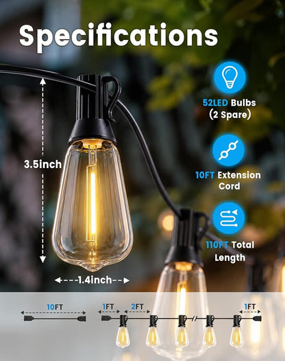 110FT(100+10) String Lights Outdoor, 2FT Bulb Spacing, Waterproof Shatterproof Warm White ST38 LED Edison Bulbs, Extension Cord, Plug in Connectable Hanging Patio Lights for Outside, Backyard