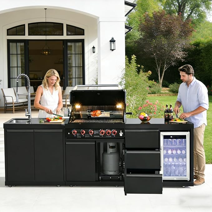 102" Outdoor Kitchen Island with Grill, 4-Burner 59,500 BTU Propane BBQ Island, Refrigerator, Sink with Trash Can Holder & 3-Drawer Cabinet, for Backyard and Patio Cooking, Black