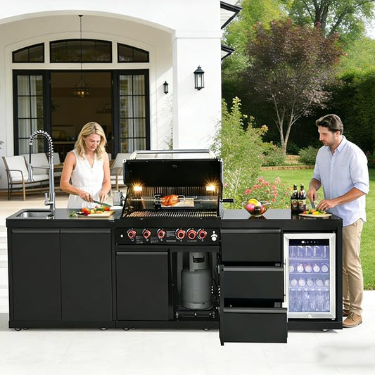 102" Outdoor Kitchen Island with Grill, 4-Burner 59,500 BTU Propane BBQ Island, Refrigerator, Sink with Trash Can Holder & 3-Drawer Cabinet, for Backyard and Patio Cooking, Black