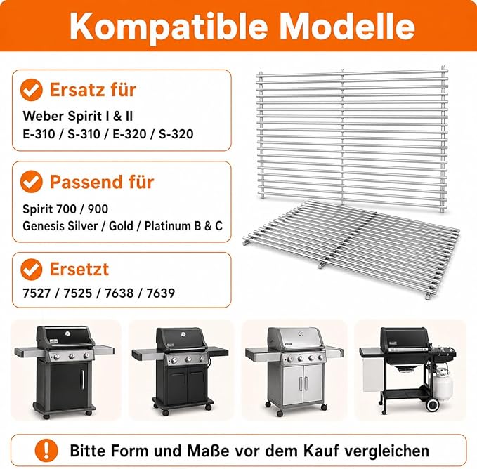 Grill Grates for Weber Spirit 300 & Spirit II GS4 300 Series, Stainless Steel Grates Replacement for Weber Spirit 310 E310 Grill Parts 7639 Spirit 700 Genesis Silver/Gold/Platinum B & C, 1000-3500