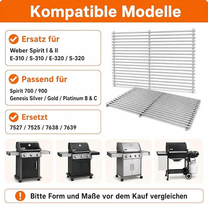 Grill Grates for Weber Spirit 300 & Spirit II GS4 300 Series, Stainless Steel Grates Replacement for Weber Spirit 310 E310 Grill Parts 7639 Spirit 700 Genesis Silver/Gold/Platinum B & C, 1000-3500