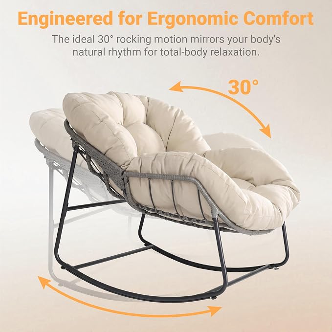 Bifanuo Oversized Egg Rocking Chair for Indoor/Outdoor – All-Weather Wicker Rattan Lounge Chair with Cushion, Patio Rocker for Porch, Garden, or Balcony (Classic Beige)