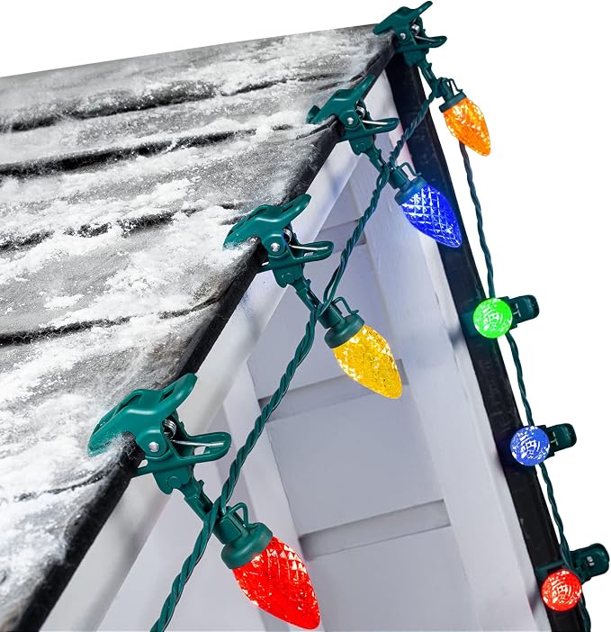 C9 LED Christmas Lights Outdoor, 68 Feet 100 LED Strawberry String Lights with 100 Spring Clamps, Waterproof Commercial Grade Extendable for Outside Roofline Patio Home Xmas Decoration, Multicolor