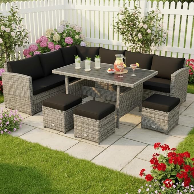 Tangkula 7 Pieces Patio Furniture Set, Outdoor Sectional Rattan Sofa Set with Cushions, All Weather Wicker Conversation Couch Set w/Dining Table & Ottomans for Backyard Garden Poolside, Black