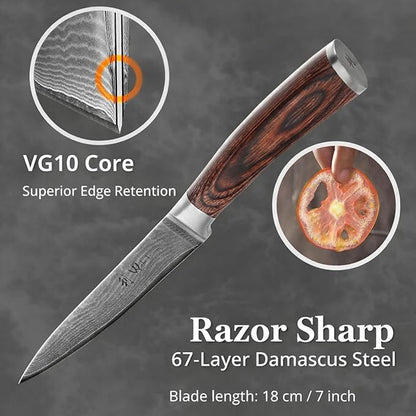 Wakoli EDIB Damascus Meat Knife – 7-Inch Japanese-Style Kitchen Knife for Meat, BBQ, and Roasts, 67-Layer Damascus Steel Blade with VG10 Core, Ergonomic Pakkawood Handle – Carving Knife in Gift Box