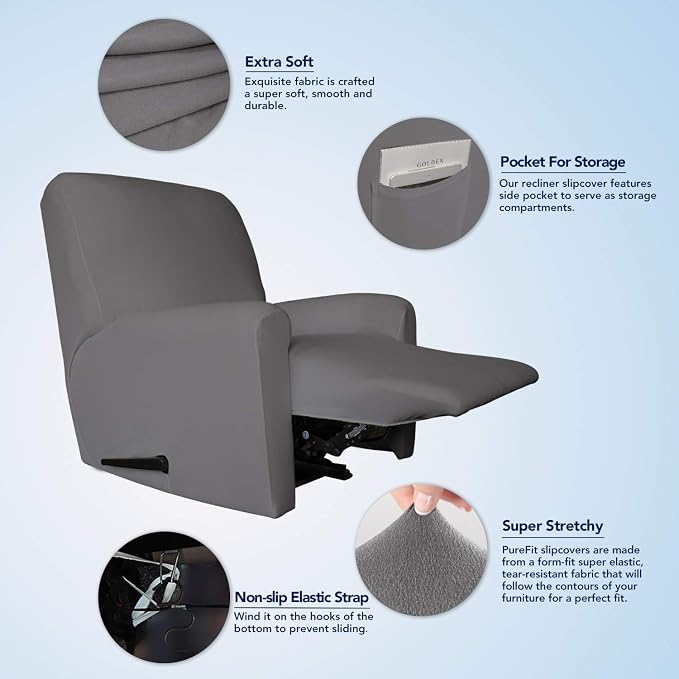 PureFit Stretc Recliner Chair Covers Fleece Soft Couch Covers for Sofa | Light Gray 4-Pieces Recliner Slipcover Pocket Couch Protector, Fleece Sofa Cover Washable with Non Slip Elastic Bottom
