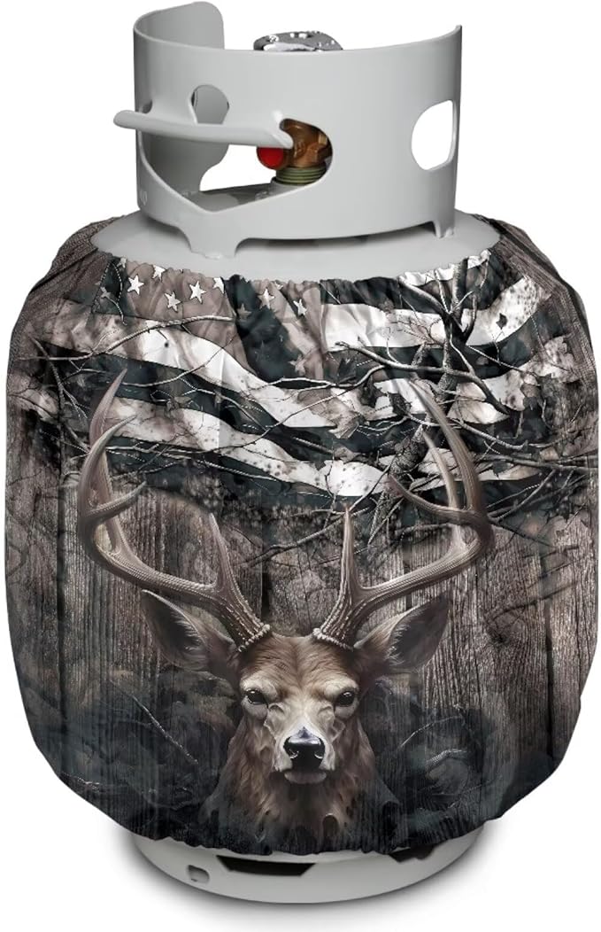 American Deer Propane Tank Covers 20lb Retro Outdoor Heavy Duty Waterproof Windproof Gas Tank Cylinder Cover with Elastic Brand, Dress up Your Gas Grill, Fits Standard 20lb Cylinder