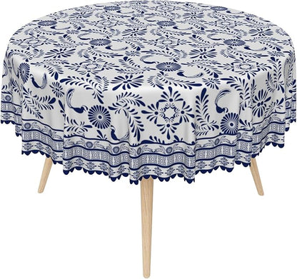 Ethnic Floral Circle Table Cloths 60 Inch Blue Flowers Plants Chic Wrinkle Oil-Proof Resistant Round Table Cover Folk Style Tablecloths for Indoor Outdoor Kitchen Dining Party Restaurant