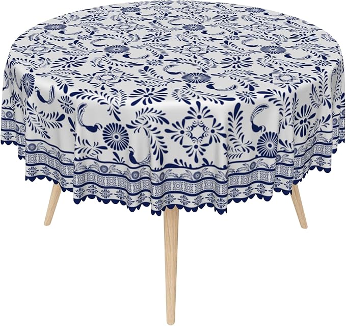 Ethnic Floral Circle Table Cloths 70 Inch Blue Flowers Plants Chic Wrinkle Oil-Proof Resistant Round Table Cover Folk Style Tablecloths for Indoor Outdoor Kitchen Dining Party Restaurant