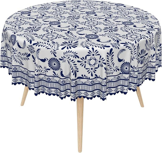 Ethnic Floral Circle Table Cloths 70 Inch Blue Flowers Plants Chic Wrinkle Oil-Proof Resistant Round Table Cover Folk Style Tablecloths for Indoor Outdoor Kitchen Dining Party Restaurant