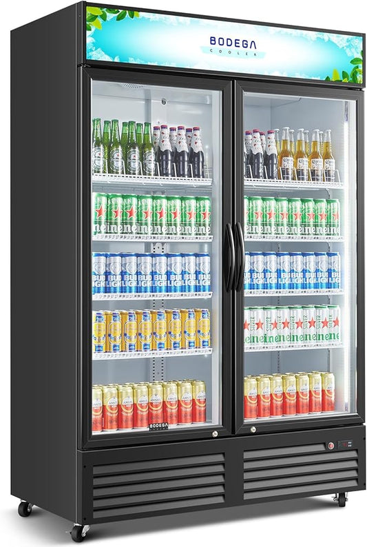 BODEGACOOLER Commercial Merchandiser Refrigerator, 40 Cu.Ft Double Glass Door Beverage Cooler, Upright Display Refrigerator with Soft LED Light, Adjustable Shelves, 4 Heavy-Duty Casters, Black