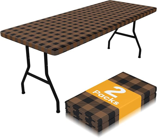 Smiry Picnic Table Cloth 2 Pack, Waterproof Elastic Fitted Tablecloths for 8FT Rectangle Tables, Washable Polyester Buffalo Plaid Tablecloth for Camping & Outdoor (Black & Brown, 30" x 96")