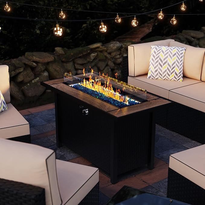 45in Fire Table, Propane Fire Pit with Glass Wind Guard and Rain Cover, Outdoor Firepit Table 50000 BTU 3-in-1 Fire Table for Patio/Yard/Balcony, Walnut Tabletop