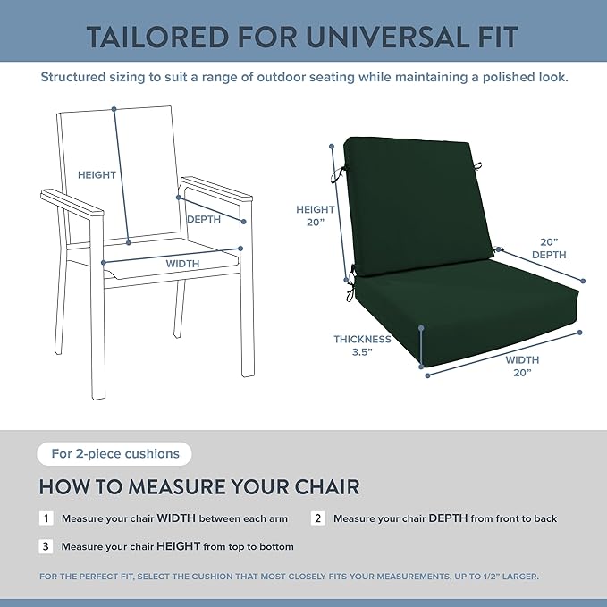 California Umbrella Outdoor Dining Chair, Patio Seat Cushion, 20 x 40 Inch, Premium Outdoor Memory Foam, Fade Resistant Sunbrella Fabric, Fabric Ties,Forest Green