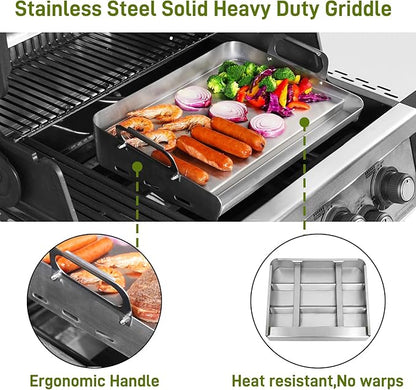 Upgraded Griddle for Gas Grill, Flat Top Griddle with Non-Stick, Heat Evenly Stainless Steel Griddle, Heat Resistant, No warps, Perfect for Gas/Charcoal Grill, Camping, Tailgating Parties - 16"X12"
