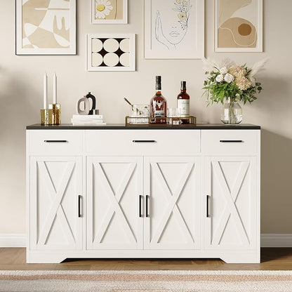 Garvee 55" Large Buffet Sideboard Cabinet, Coffee Bar Cabinet Buffet Table | Buffet Cabinet with Storage 4 Doors and 3 Drawers Kitchen Storage Cabinet for Dining Room, Living Room, Adjustable Shelf