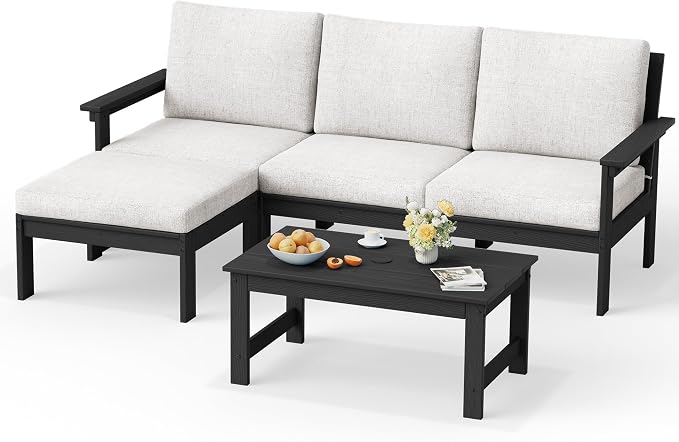 SERWALL Outdoor Sectional Sofa Set, 5-piece Outdoor Modula Couch Set with Ottoman, All Weather Patio Furniture Set with Chaise for Deck, Lawn, Black Frame with Khaki Cushion