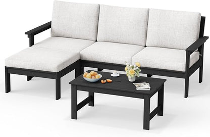 SERWALL Outdoor Sectional Sofa Set, 5-piece Outdoor Modula Couch Set with Ottoman, All Weather Patio Furniture Set with Chaise for Deck, Lawn, Black Frame with Khaki Cushion