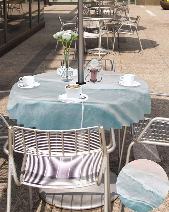 Summer Beach Outdoor Tablecloth - 60 Inch Round Dining Table Cover, Coastal Ocean Nautical Seaside Aqua Beige Waterproof Outdoor Table Cloth with Umbrella Hole & Zipper for Picnic/Patio/Party