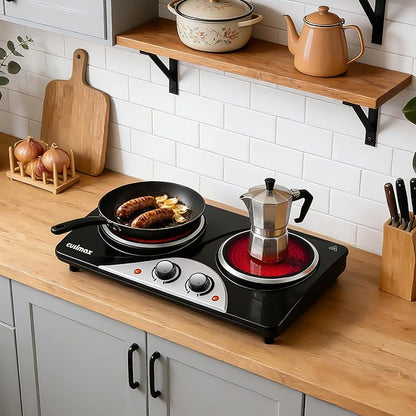 Hot Plate, CUSIMAX Electric Stove 1800W Double Burner, Portable Ceramic Infrared Cooktop, Dual Control Burners for Cooking, Heat-Up in Seconds, Compatible for All Cookwares, Black