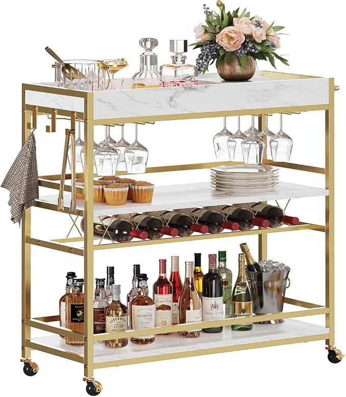 Gold Bar Cart on Wheels for Home with Wine Rack & Glass Holders | 3-Tier, Rolling Serving Cart for liquor, Wine and Beverages, Lockable Mobile Wheels for Home Bars, Faux Marble+ Gold Frame