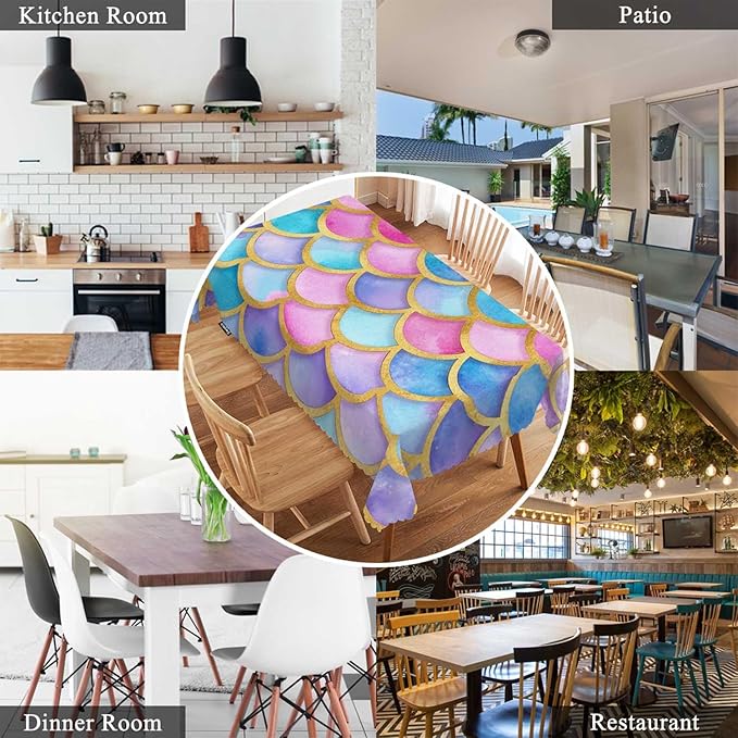 Swono Decorative Rectangle Table Cloth Mermaid, Rainbow Animal Fish Skin Mermaid Scales Polyester Tablecloth Kitchen Table Cover for Dining BBQ Picnic Coffee Table 50x72, 4-6 Seats
