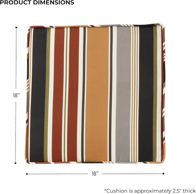 Outdoor 18 inch Square Patio Dining Chair Pads – Comfortable Fiber-Filled Seat Cushions with Ties, Reversible Polyester Fabric - Brick Stripe, Set of 4