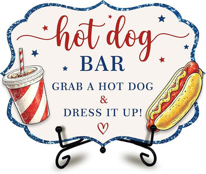 Patriotic Wooden Hot Dog Sign with Metal Stand, 5 x 7 Inch Independence Day Tabletop Food Display for BBQ Party, Buffet Table, Food Truck, Hot Dog Shop, Celebration Decor - A02